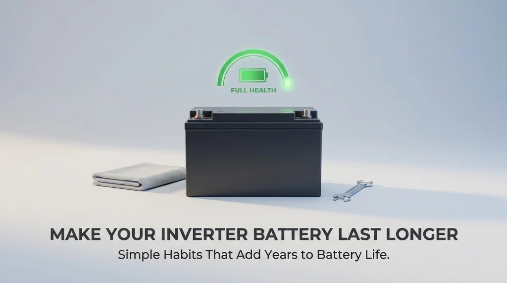 A battery with a full health meter and a maintenance wrench and cloth