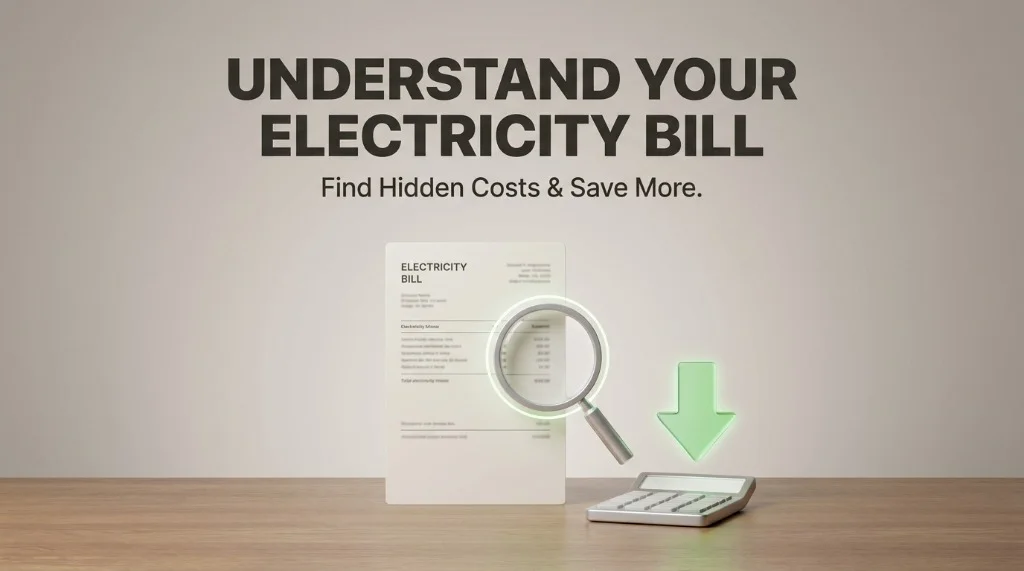 Magnifying glass hovering over an electricity bill with a calculator