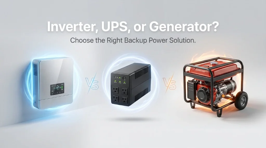 Comparison of a modern inverter, a desktop UPS, and a gasoline generator