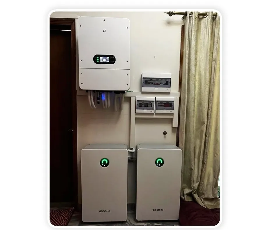 15 kW GoodWe hybrid inverter with two GoodWe LiFePO4 battery packs and distribution boards, wall and floor mounted in a Lahore home