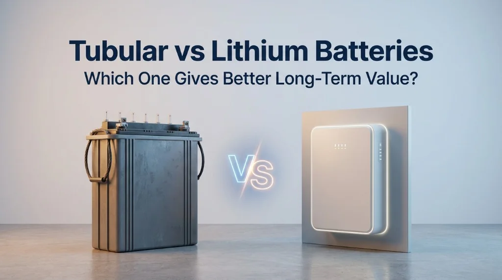 Tall tubular lead-acid battery next to a sleek wall-mounted lithium battery